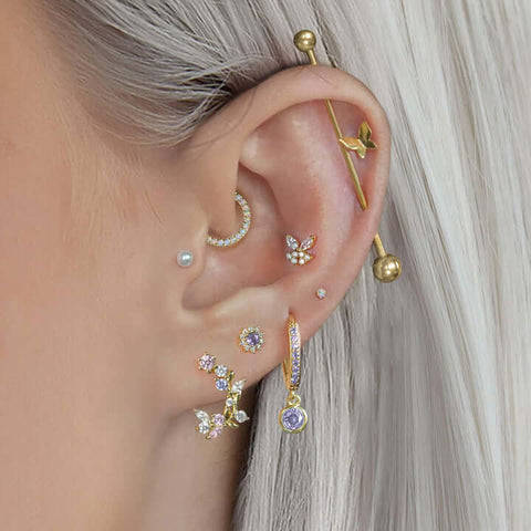 Triple Mix Bezel Stud Ear Piercing 14K Gold | Musemond